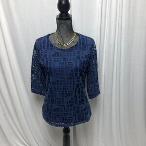 Tribal Top Womens Size Small Navy Blue Burnout Sheer Lined Round Neck Shirt